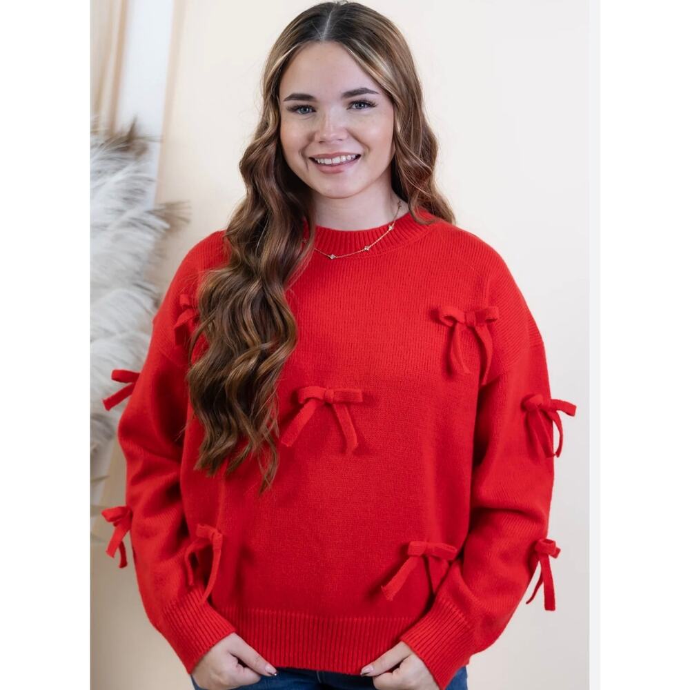 She + Sky Red Bow Crewneck Knit Sweater-Size M